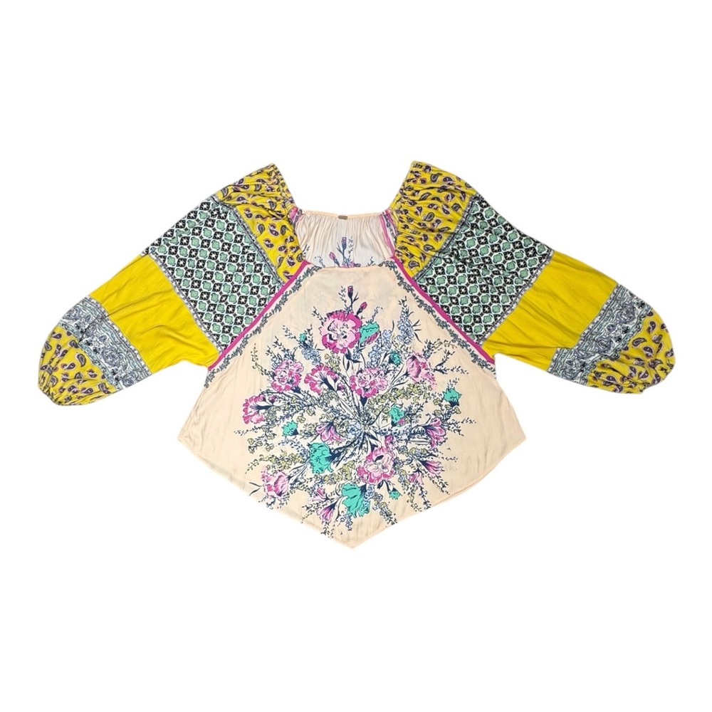 Free People Positano Printed Blouse Size M Boho Oversized Patchwork Floral Flowy